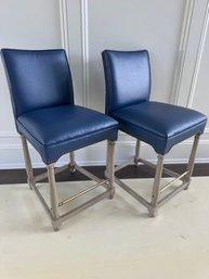 Set Of Two Hickory Chair Leather Brass And Wood Stools Kitchen Counter Height