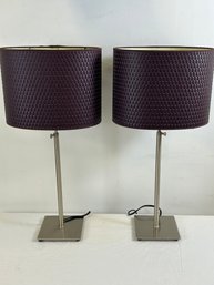 Pair Of Brushed Metal Lamps With Brown Woven Shades