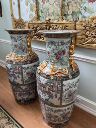 Pair Of Large 1930s Chinese Rose Medallion Dragon Porcelain Gilt Floor Vases
