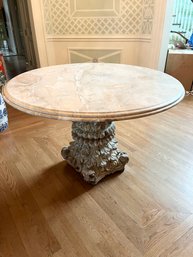 Marble Top Pedestal Table With Antique Carved Wood Base