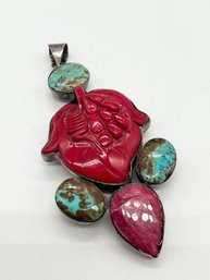 Italian Coral And Turquoise Pendant With Sterling Silver Encasing