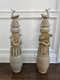 Pair Of Tall Asian Song-Style Pottery Funeral Jars And Covers