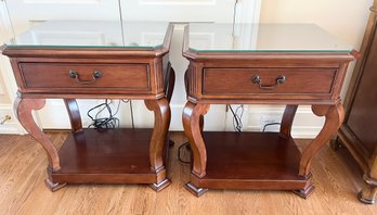Pair Of Thomasville Glass Top Night Tables With Lights