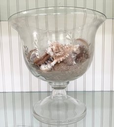 Large Bowl On Pedestal With Bow Etching And Seashells