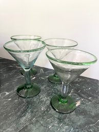 Set Of 4 Green Trim And Base Martini Glasses