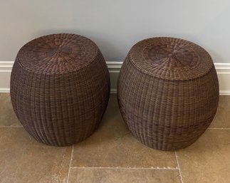 Pair Of Vinyl Wicker Side Tables