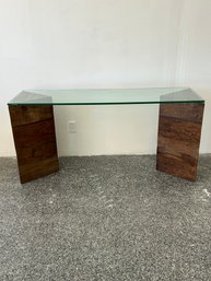 Industrial Glass Top Console With Triangular Natural Wood Base