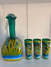 Hand Painted Fish Carafe And 3 Shit Glasses