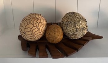 Decorative Orbs On Wooden Leaf Tray