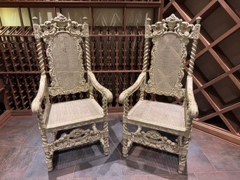 Pair Of Hand Carved Oak & Caned Armchairs