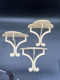 Set Of 3 Wood Wall Shelves In Tan With Olive Green Hand Painted Trim