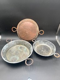 Lot Of 3 Vintage French Copper Au Gratin Pans With Thin Lining