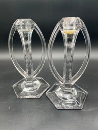 8' Pair Of Crystal Etched Candlesticks