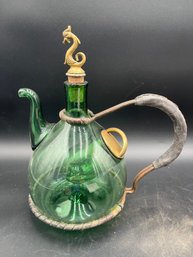 11' Mid Century Italian Green Glass Wine Decanter Leather Handle
