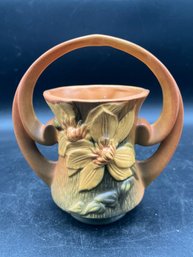 7' Vintage Roseville Clematis Double Handled Basket In Bown 387-7