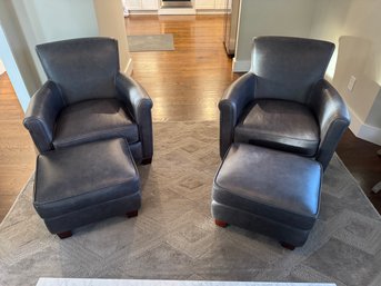 Pair Of Pottery Barn Charcoal Gray Leather Arm Chairs With Ottomans
