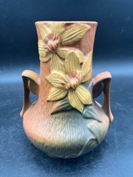 7' Vintage Roseville Clematis 106-7 Double Handled Vase In Autumn Brown