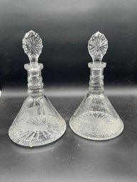 Pair Of 12' Crystal Decanters With Etched Ship Fishing Scene