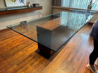 Mid Century 4x8 Glass Top Table With Wood Block Base