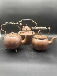 3 Vintage Copper Tea Pots