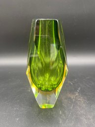 Faceted Murano Madruzzato Green And Yellow Sommerso Glass Vase