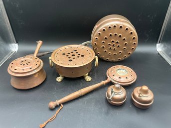 Lot Of Vintage Copper Bed Warmer And Assorted Cooking