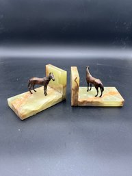 Vintage Art Deco Bronze Horses On Green Onyx Bases Bookends