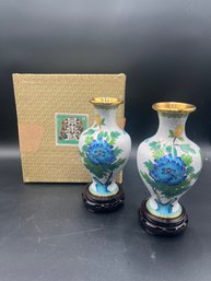 8' Pair Of Chinese Cloisonne Ware Floral Enamel Vases W Stands In Box