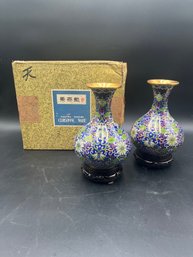 7' Pair Of Chinese Cloisonne Ware Blue Vases W Stands In Box