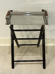 Silver Serving Tray With Wooden Stand