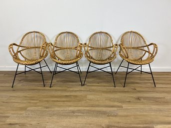 Set Of 4 Rattan Arm Chairs With Black Metal Base