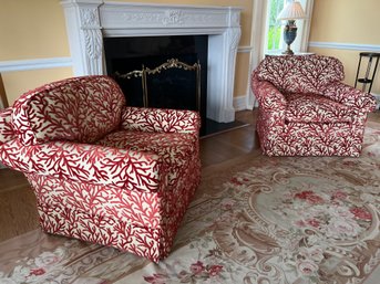 Pair Of Upholstered Arm Chairs In Schumacher Coral Red & Tan