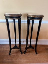 Pair Of French Provincial Antique Black Painted Plant Stands With Marble Top