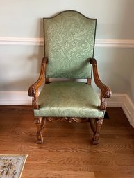 French Carved Fruitwood Green Arm Chair