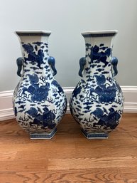 Pair Of Asian Blue And White Vases With Handles