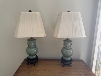 Pair Of Vintage Green Ceramic Lamps