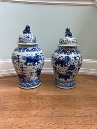 Pair Of Blue And White Temple Jars With Foo Dogs