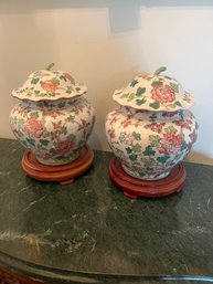 Pair Of Rose Medalion Ginger Jars