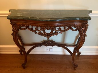 Antique Green Marble Top Table With Wooden Hand Carved Base