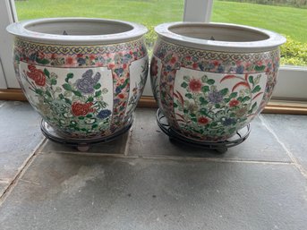 Pair Of Floral Green And White Porcelain Planters
