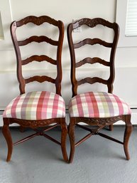2 French Style Ladderback Dining Chairs With Checked Upholstery