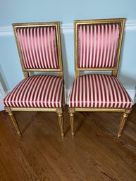 Pair Of Louis XVI Style Silk Upholstered Gold Gilded Side Chairs