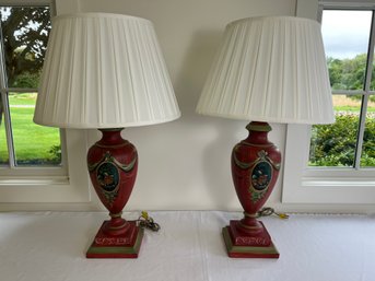 Pair Of Red Hand Painted Wood Table Lamps