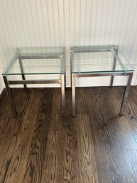 Pair Of Modern Chrome And Tempered Glass Side Tables