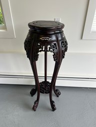 Chinese Red Brown Mahogany Mother Of Pearl Round Pedestal Stand