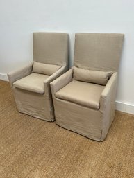 Pair Of Restoration Hardware Belgium Slipcovered Dining Chairs On Wheels