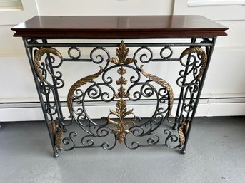 Wood Top Console Table With Iron And Brass Accents