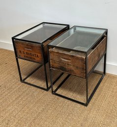 Pair Of Glass Top Industrial Style End Tables