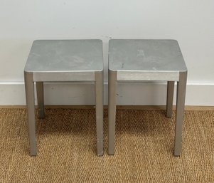 Pair Of Starck Emeco Brushed Aluminum Small Stools