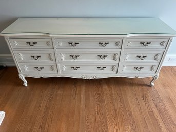 Louis J Solomon French Provincial Glass Top 9 Drawer Dresser